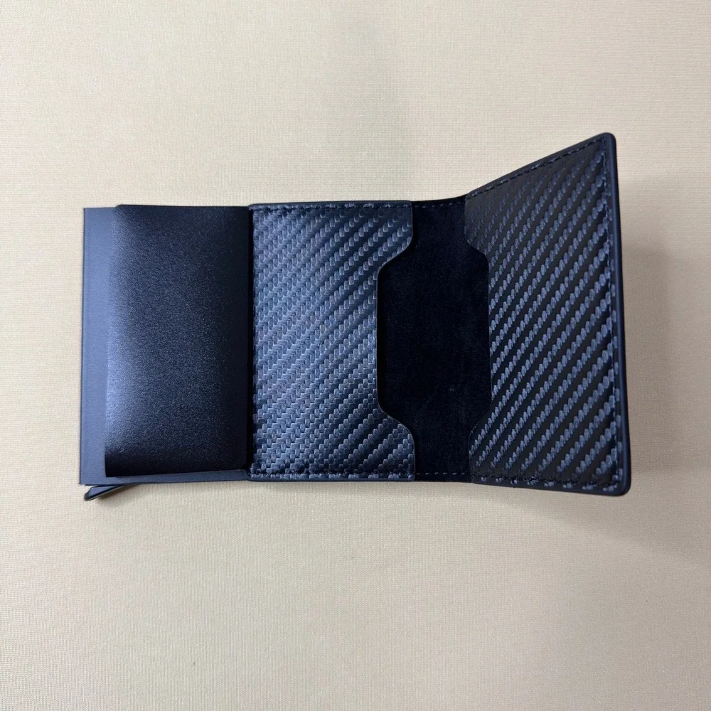 NEW Gentlemen Shop Carbon Fiber Leather Trifold Wallet RFID Pop Up Card Holder